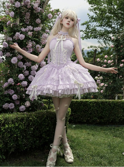 Cross Maiden Series Sweet Lolita Lavender Dreamy Tulle Delicate Elegant Halter Neck Dress