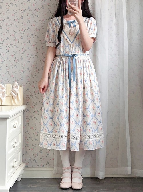 Summer Joy Series Sweet Lolita Cotton Hollow out Floral Lace Big Pocket Retro Doll Bubble Sleeve Dress