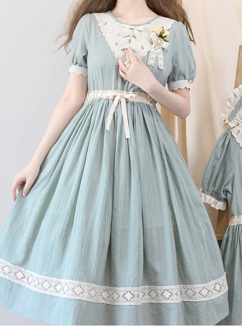 Summer Joy Series Sweet Lolita Cotton Hollow out Floral Lace Big Pocket Retro Doll Bubble Sleeve Dress
