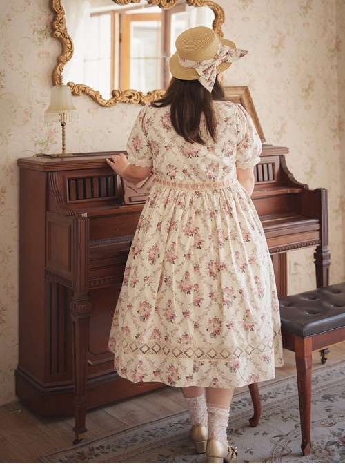 Summer Joy Series Sweet Lolita Cotton Hollow out Floral Lace Big Pocket Retro Doll Bubble Sleeve Dress