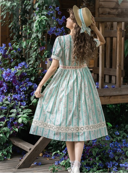 Summer Joy Series Sweet Lolita Cotton Hollow out Floral Lace Big Pocket Retro Doll Bubble Sleeve Dress