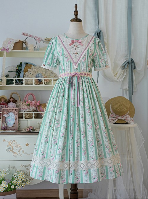 Summer Joy Series Sweet Lolita Cotton Hollow out Floral Lace Big Pocket Retro Doll Bubble Sleeve Dress