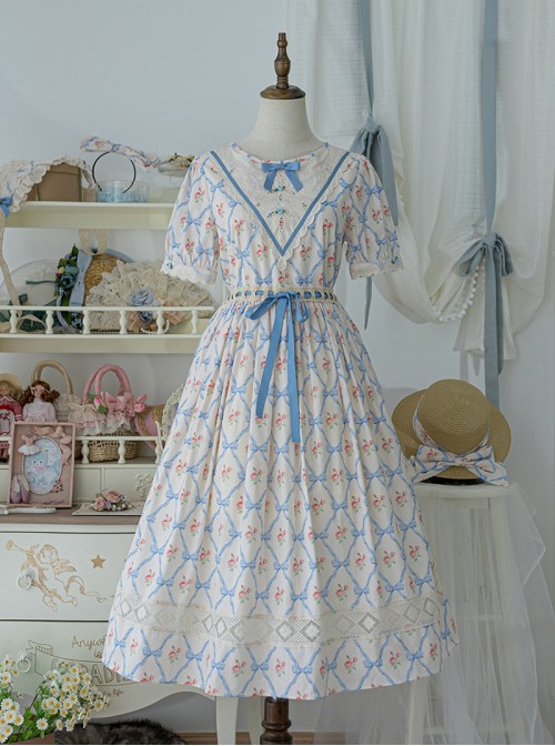 Summer Joy Series Sweet Lolita Cotton Hollow out Floral Lace Big Pocket Retro Doll Bubble Sleeve Dress