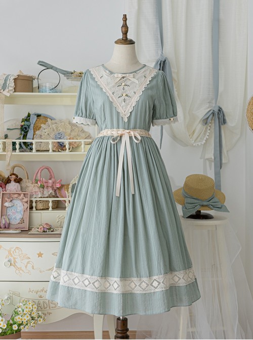 Summer Joy Series Sweet Lolita Cotton Hollow out Floral Lace Big Pocket Retro Doll Bubble Sleeve Dress