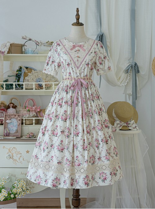 Summer Joy Series Sweet Lolita Cotton Hollow out Floral Lace Big Pocket Retro Doll Bubble Sleeve Dress