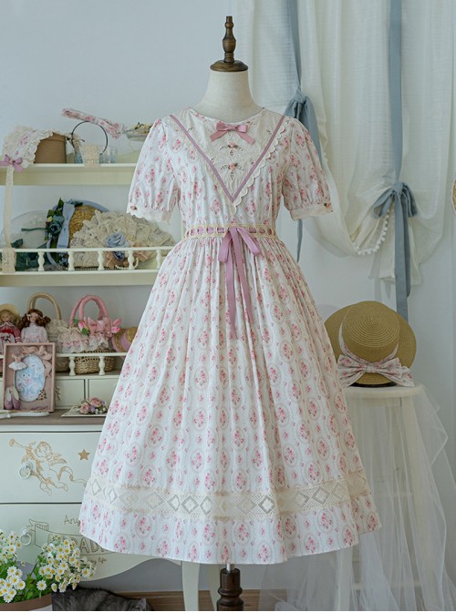 Summer Joy Series Sweet Lolita Cotton Hollow out Floral Lace Big Pocket Retro Doll Bubble Sleeve Dress
