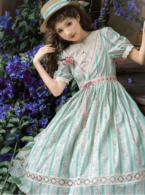 Summer Joy Series Sweet Lolita Cotton Hollow out Floral Lace Big Pocket Retro Doll Bubble Sleeve Dress