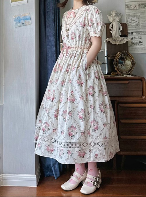 Summer Joy Series Sweet Lolita Cotton Hollow out Floral Lace Big Pocket Retro Doll Bubble Sleeve Dress