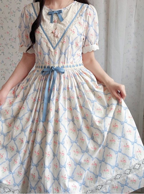 Summer Joy Series Sweet Lolita Cotton Hollow out Floral Lace Big Pocket Retro Doll Bubble Sleeve Dress