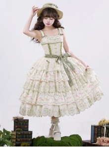 Bunny Daily Series Classic Lolita Sweet Cute Rabbit Print Spring Light Green Lace Hairpin Camisole Dress