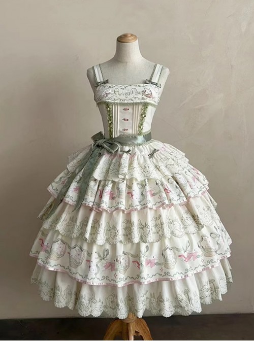 Bunny Daily Series Classic Lolita Sweet Cute Rabbit Print Spring Light Green Lace Hairpin Camisole Dress