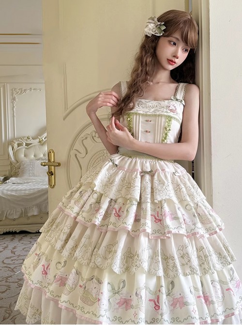Bunny Daily Series Classic Lolita Sweet Cute Rabbit Print Spring Light Green Lace Hairpin Camisole Dress