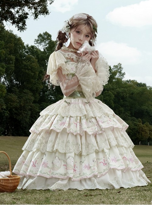 Bunny Daily Series Classic Lolita Sweet Cute Rabbit Print Spring Light Green Lace Hairpin Camisole Dress