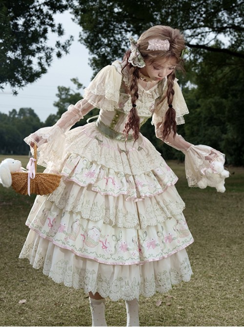 Bunny Daily Series Classic Lolita Sweet Cute Rabbit Print Spring Light Green Lace Hairpin Camisole Dress