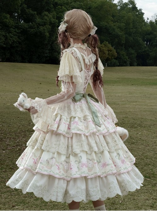 Bunny Daily Series Classic Lolita Sweet Cute Rabbit Print Spring Light Green Lace Hairpin Camisole Dress