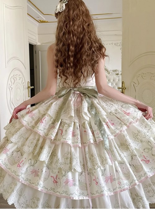 Bunny Daily Series Classic Lolita Sweet Cute Rabbit Print Spring Light Green Lace Hairpin Camisole Dress