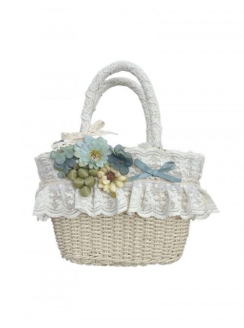 Elegant Daily Classic Lolita Country Style Light Green Grape Lace Floral Ribbon Straw Handbag
