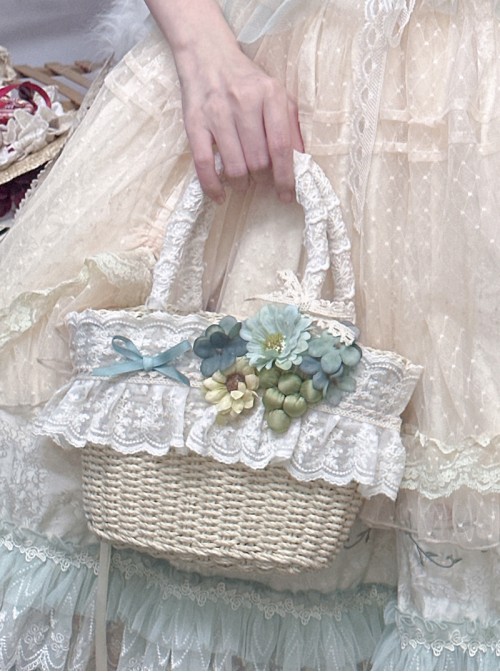 Elegant Daily Classic Lolita Country Style Light Green Grape Lace Floral Ribbon Straw Handbag
