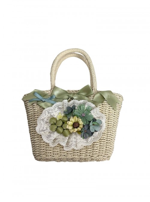 Elegant Handmade Classic Lolita Daily Ribbon Bow Grape Sunflower Country Style Straw Handbag