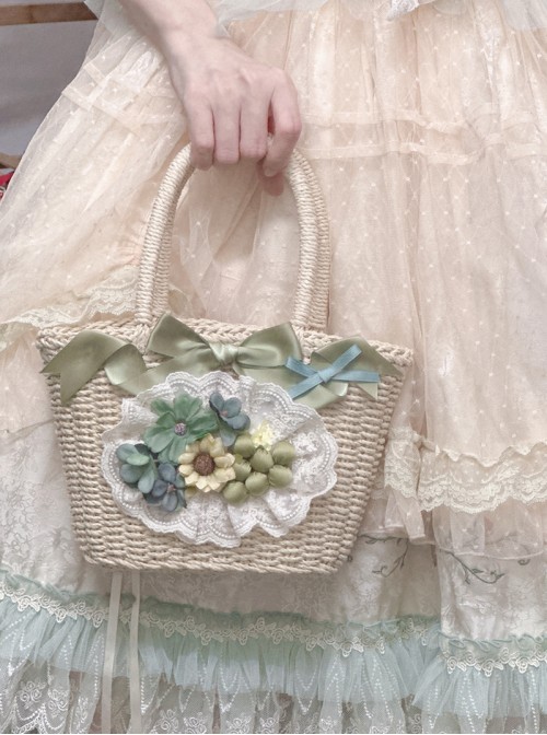 Elegant Handmade Classic Lolita Daily Ribbon Bow Grape Sunflower Country Style Straw Handbag
