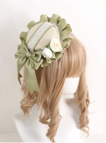Forest Light Green Classic Lolita Elegant Daily Ribbon Bow Lace Ruffle Round Hat