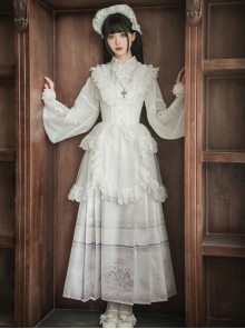Mirrored Blossoms Series Classic Lolita White Blend Shirt Modified Horse Face Skirt Bonnet Brooch Necklace Set