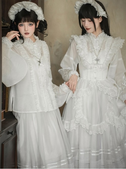 Mirrored Blossoms Series Classic Lolita White Blend Shirt Modified Horse Face Skirt Bonnet Brooch Necklace Set