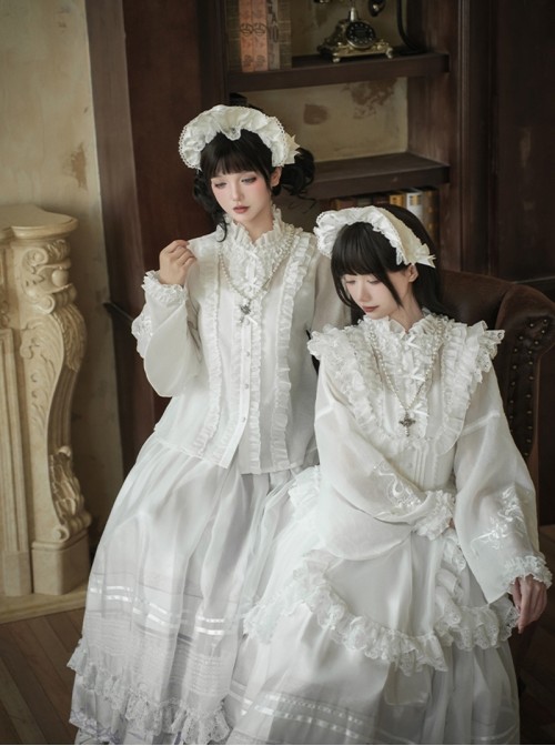 Mirrored Blossoms Series Classic Lolita White Blend Shirt Modified Horse Face Skirt Bonnet Brooch Necklace Set