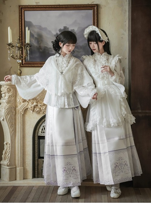 Mirrored Blossoms Series Classic Lolita White Blend Shirt Modified Horse Face Skirt Bonnet Brooch Necklace Set
