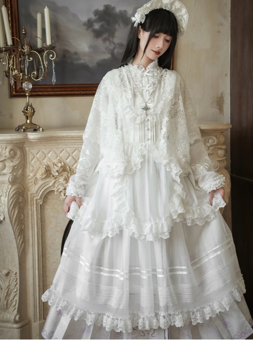 Mirrored Blossoms Series Classic Lolita White Blend Shirt Modified Horse Face Skirt Bonnet Brooch Necklace Set