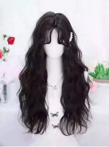 Trendy Fluffy Wool Curls Sweet Lolita Middle Part Bangs Black Long Curly Wig