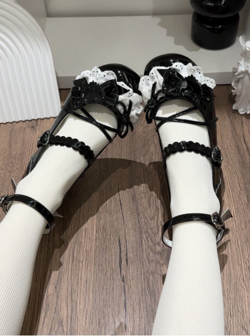 Brulee Sweetheart Series Sweet Lolita Cute Fashion Lace Ribbon Bow Round Toe Mid Heel Mary Jane Shoes