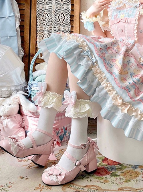 Brulee Sweetheart Series Sweet Lolita Cute Fashion Lace Ribbon Bow Round Toe Mid Heel Mary Jane Shoes