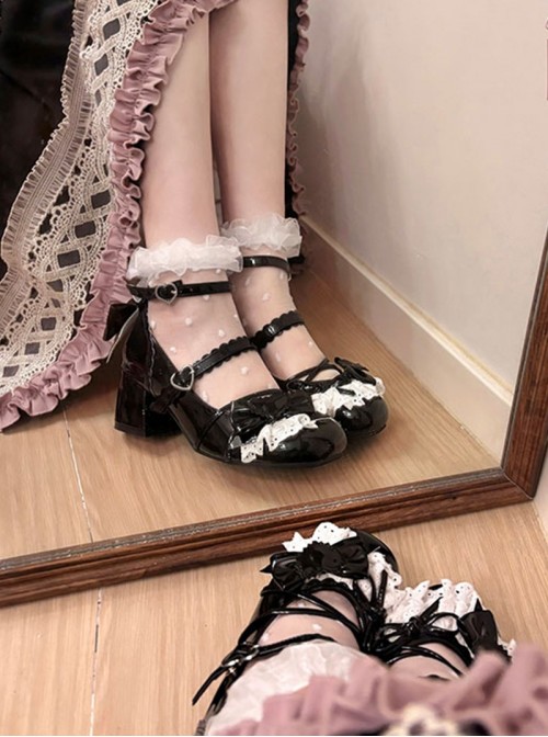 Brulee Sweetheart Series Sweet Lolita Cute Fashion Lace Ribbon Bow Round Toe Mid Heel Mary Jane Shoes