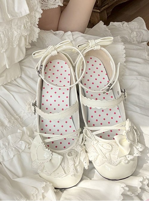 Brulee Sweetheart Series Sweet Lolita Cute Fashion Lace Ribbon Bow Round Toe Mid Heel Mary Jane Shoes