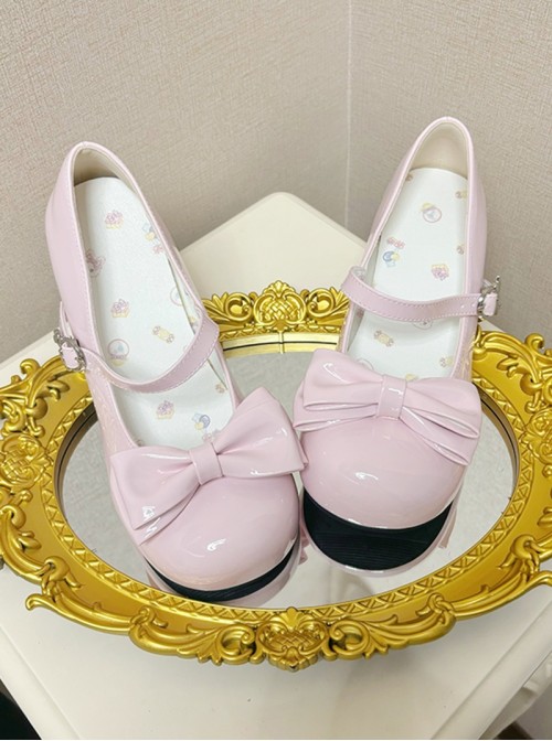 Little Cream Puff Series Sweet Lolita Daily Bowknot Round Toe Mid Heel Patent Leather Mary Jane Shoes