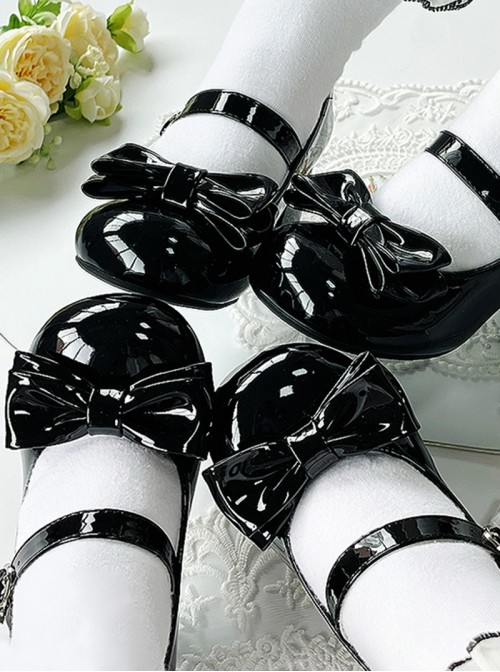 Little Cream Puff Series Sweet Lolita Daily Bowknot Round Toe Mid Heel Patent Leather Mary Jane Shoes