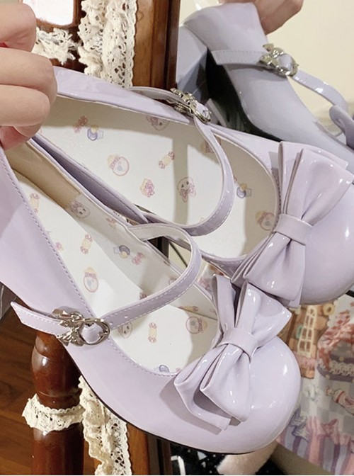 Little Cream Puff Series Sweet Lolita Daily Bowknot Round Toe Mid Heel Patent Leather Mary Jane Shoes