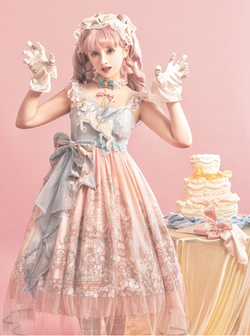 Cloud Amusement Series Sweet Lolita Pink Blue Lace Tulle Dreamy Cute Unicorn Embroidery Bowknot Sleeveless Dress