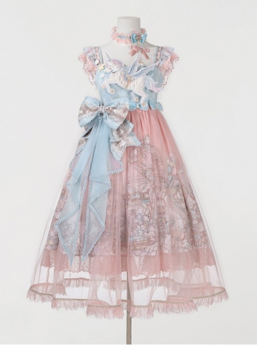 Cloud Amusement Series Sweet Lolita Pink Blue Lace Tulle Dreamy Cute Unicorn Embroidery Bowknot Sleeveless Dress