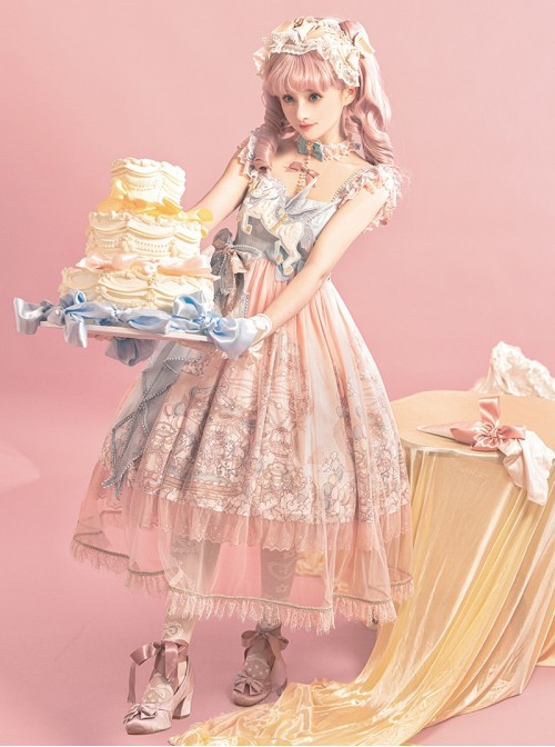 Cloud Amusement Series Sweet Lolita Pink Blue Lace Tulle Dreamy Cute Unicorn Embroidery Bowknot Sleeveless Dress