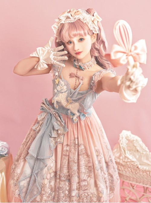 Cloud Amusement Series Sweet Lolita Pink Blue Lace Tulle Dreamy Cute Unicorn Embroidery Bowknot Sleeveless Dress