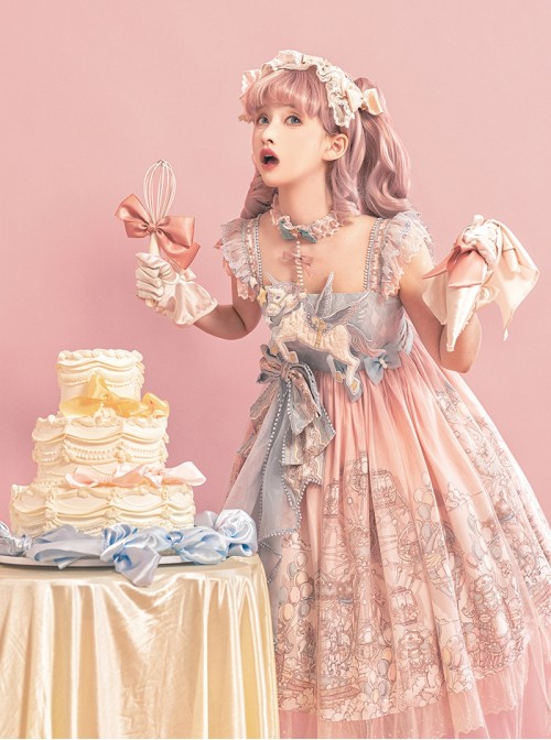 Cloud Amusement Series Sweet Lolita Pink Blue Lace Tulle Dreamy Cute Unicorn Embroidery Bowknot Sleeveless Dress