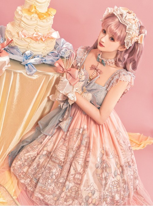 Cloud Amusement Series Sweet Lolita Pink Blue Lace Tulle Dreamy Cute Unicorn Embroidery Bowknot Sleeveless Dress