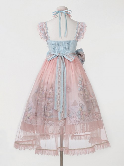 Cloud Amusement Series Sweet Lolita Pink Blue Lace Tulle Dreamy Cute Unicorn Embroidery Bowknot Sleeveless Dress