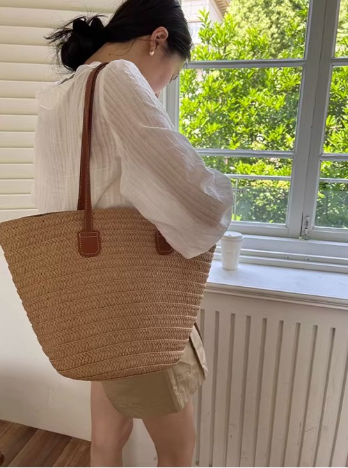 Summer Daily Kawaii Fashion Beach Brown Large Capacity Shoulder Straw Tote Bag