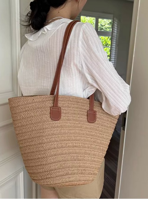 Summer Daily Kawaii Fashion Beach Brown Large Capacity Shoulder Straw Tote Bag