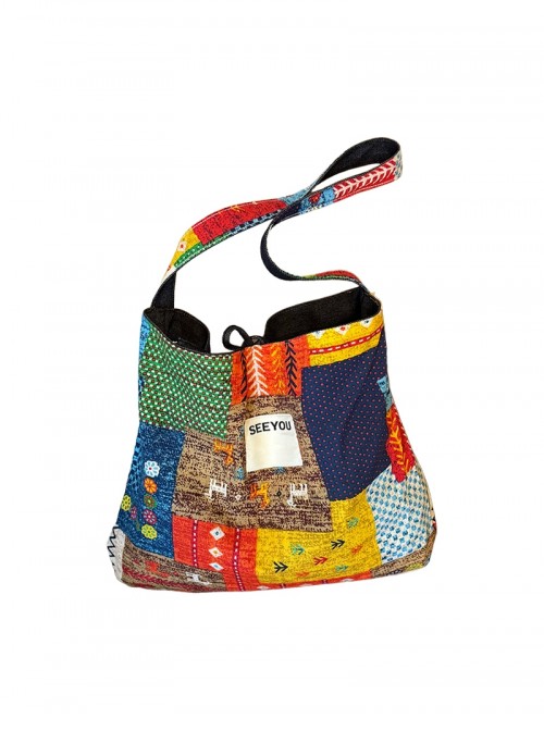 Ethnic Style Kawaii Fashion Patchwork Denim Retro Color Blocking Double Side Crossbody Canvas Bag