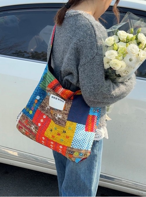 Ethnic Style Kawaii Fashion Patchwork Denim Retro Color Blocking Double Side Crossbody Canvas Bag