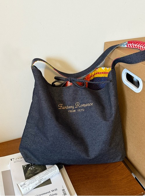 Ethnic Style Kawaii Fashion Patchwork Denim Retro Color Blocking Double Side Crossbody Canvas Bag